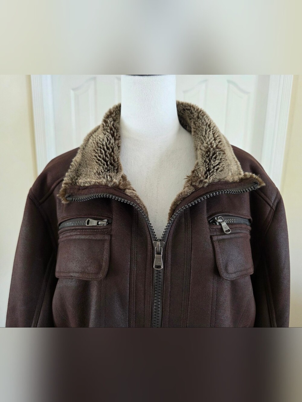 Calvin Klein Mens XL Dark Brown Faux Shearling Leather Bomber Jacket - Picture 3 of 9